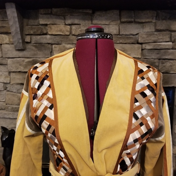 Vintage Velvet Woven Ribbon Patchwork Jacket Tie Sash Mustard Yellow Brown Cream - Picture 2 of 7